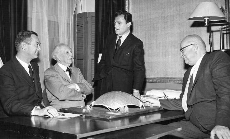 Frank Lloyd Wright and Mike Todd and theater model, and Henry Kaiser right. The American Widescreen Museum, collection of Robert C. Weisgerber