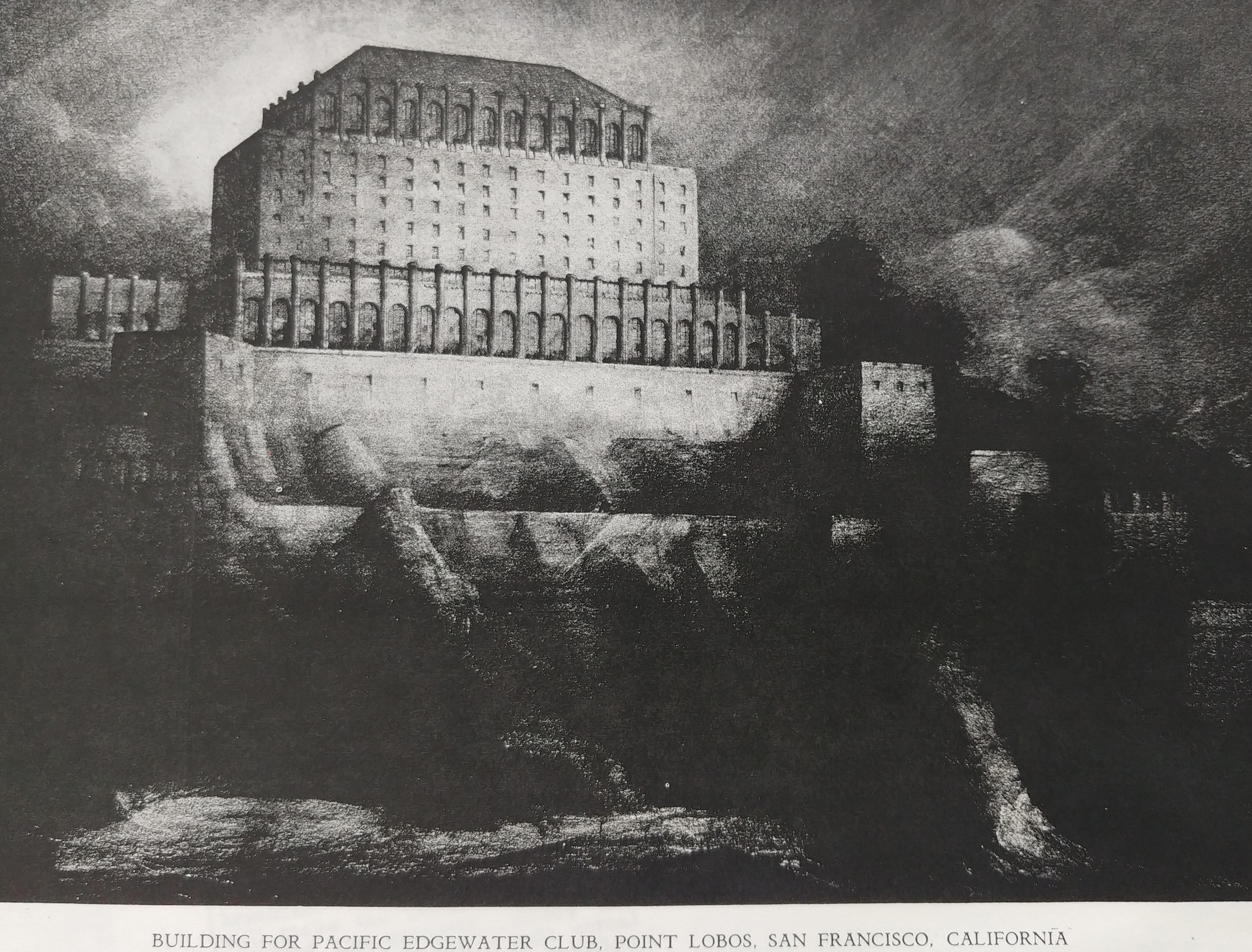 Pacific Edgewater Club by Hugh Ferriss from American Architect June 1927